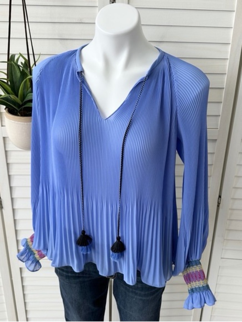 10 Crosby Derek Lam Periwinkle Blue Pleated Tassel V-Neck Blouse